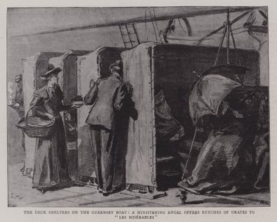 The Deck Shelts på Guernsey-båten, en tjänstgörande ängel erbjuder druvklasar till Les Miserables av Sydney Prior Hall
