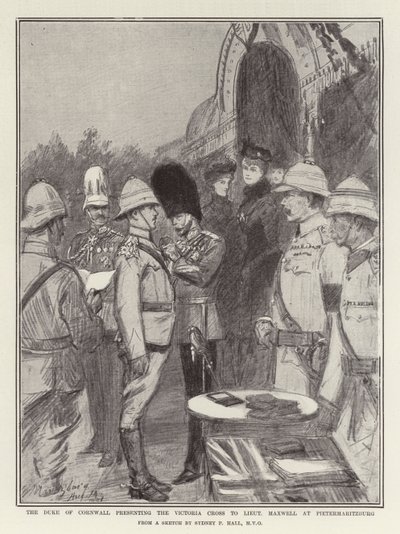 Hertigen av Cornwall presenterar Victoria Cross till löjtnant Maxwell i Pietermaritzburg av Sydney Prior Hall