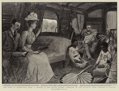 Hertigen av Cornwalls rundtur, en skiss i Royal Saloon Carriage på järnvägen från Colombo till Kandy av Sydney Prior Hall