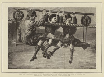 Den första resan, prins Albert Victor och prins George av Wales korsar Dee i en vagga vid Abergeldie 1876 av Sydney Prior Hall