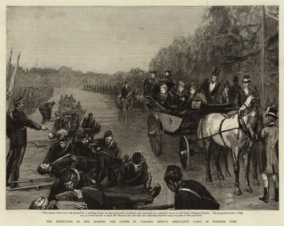 Hennes Majestät drottningens inspektion av överste Seelys ambulanskår i Windsor Park. av Sydney Prior Hall