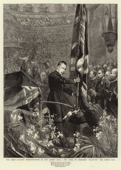 Den irländska lojalistiska demonstrationen i Albert Hall, hertigen av Abercorn planterar Union Jack av Sydney Prior Hall