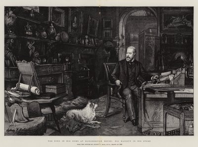 Kungen i sitt hem i Marlborough House, hans majestät i hans studie av Sydney Prior Hall