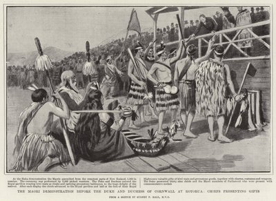 Maori-demonstrationen inför hertigen och hertiginnan av Cornwall i Rotorua, hövdingar som presenterar gåvor av Sydney Prior Hall