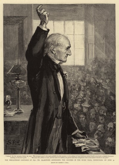 The Mid-Lothian Campaign of 1892, Mr Gladstone talar till mötet i Music Hall, Edinburgh, den 30 juni av Sydney Prior Hall