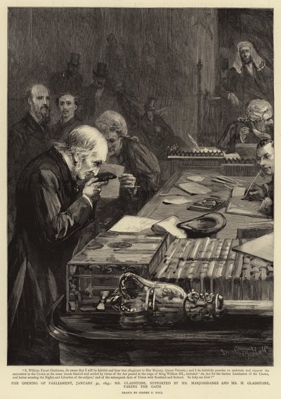 Parlamentets öppnande den 31 januari 1893, Gladstone, med stöd av Marjoribanks och H. Gladstone, avlägger eden. av Sydney Prior Hall