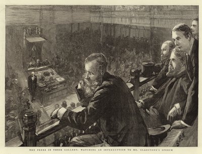 The Peers i deras Gallery, tittar på ett avbrott i Mr Gladstones tal av Sydney Prior Hall