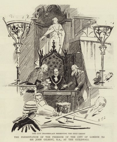 Presentationen av Londons frihet för Sir John Gilbert, RA, i Guildhall av Sydney Prior Hall