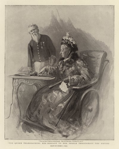 Drottningen telegraferar sitt budskap till sitt folk i hela imperiet av Sydney Prior Hall