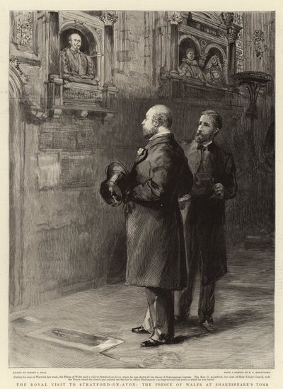 Det kungliga besöket i Stratford-on-Avon, prinsen av Wales vid Shakespeares grav av Sydney Prior Hall