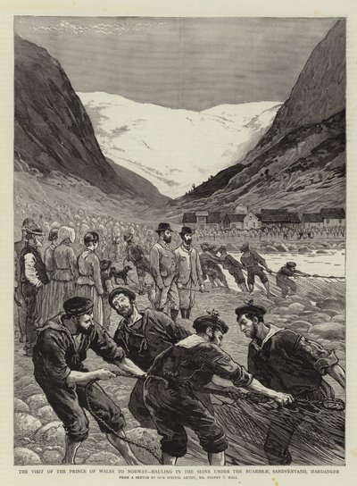 Prinsen av Wales besök i Norge, dragning av Seine under Buarbrae, Sandvenvand, Hardanger av Sydney Prior Hall