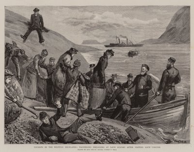 Turister i västra höglandet, passagerare som går ombord på Loch Scavaig efter att ha besökt Loch Coruisk av Sydney Prior Hall