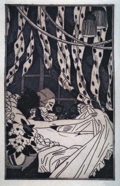 Erotik: Giacomo Casanova (1725-1798) höjer lakanen för att begrunda sin nakna älskarinna, tidigt 1900-tal (etsning) av Sylvain Sauvage