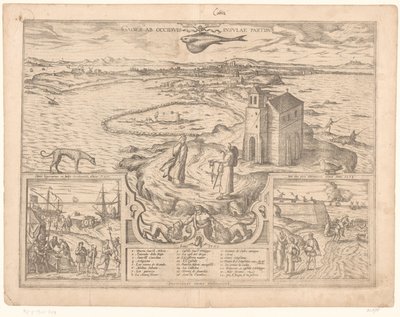 Utsikt över Cádiz udde Gades ab occiduis insulae partibus (titel på objekt) av Symon Novelanus (possibly)