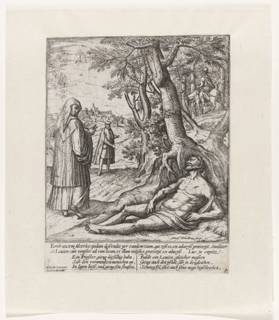 En präst och en levit passerar och lämnar den skadade resenären Liknelsen om den barmhärtige samariten (serietitel) av Symon Novelanus