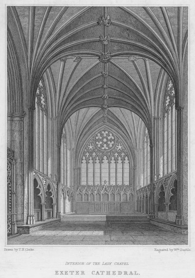 Exeter Cathedral, interiören av Lady Chapel (gravyr) av T.H. Clarke