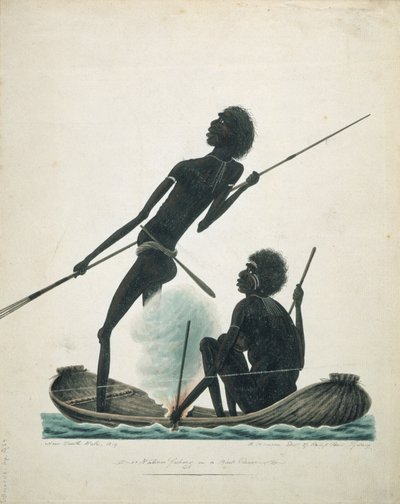 Infödda som fiskar i en barkkanot, 1819 av T.R. Browne