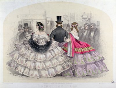 Damer som bär crinolines på Royal Italian Opera, Covent Garden, 1859 (färggravyr) av T. H. Guerin