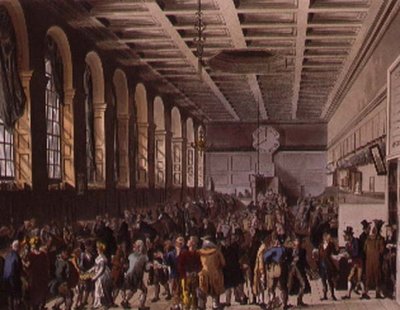 Custom House, the Long Room från Ackermanns "Microcosm of London" av T. and Pugin A.C. Rowlandson
