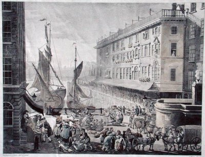 Billingsgate Market, graverad av J. Bluck (fl.1791-1819) (akvatint) av T. and Pugin A.C. (after) Rowlandson