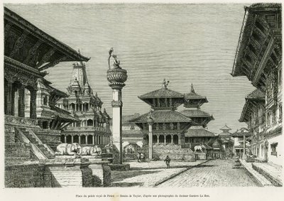 Plats för det kungliga palatset i Patan (nuvarande Lalitpur). Gravyr av Taylor för att illustrera berättelsen Voyage au Nepal, av Dr. Gustave Le Bon (1841-1931), i le tour du monde 1886, regisserad av Edouard Charton (1807-1890), Hachette, Paris. av T Taylor