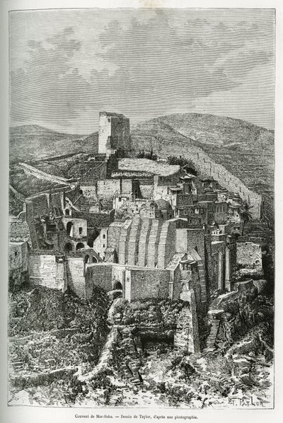 Klostret Mar-Saba (Mar Saba) (Palestina). Taylors gravyr, för att illustrera historien om dagens Syrien, av M. Lortet, dekanus vid Medicinska fakulteten i Lyon, med ansvar för ett vetenskapligt uppdrag av ministeriet för offentlig utbildning, publicerad i  av T Taylor