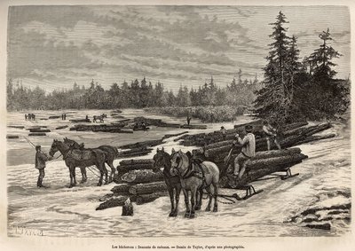 Nedstigningen av flottarna i Ontario, loggarna lastar av de avskurna stammarna och installerar dem på den frostiga floden, sedan under degeln kommer stammarna att bäras av strömmen till den plats där de kommer att släppas ut och omvandlas, gravering efter  av T Taylor