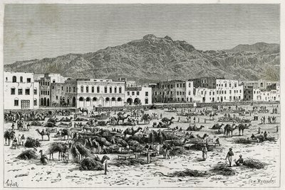 Marschen av Aden (Jemen). Taylors gravyr, för att illustrera berättelsen "" Resan till Benadir, Somalier och Bayoun "", 1882-1883, av M.G. Revoil. Publicerad i Le Tour du monde, nouveau journal des voyages av T Taylor