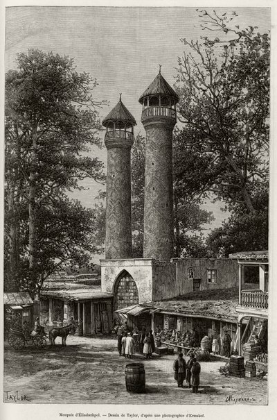 Moskén i Elisabethpol (eller Gandja, eller Kirovabad, Azerbajdzjan). Gravyr av Taylor, för att illustrera berättelsen "A travers l