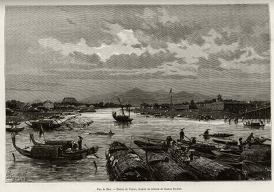 Utsikt över Hue (Vietnam), med beskrivning av navigering på Song Huong-floden och Thien Mu-pagoden, bakom omkretsmurarna. Gravyr av Taylor, för att illustrera berättelsen "" Trente mois au Tonkin"" av Dr Charles Edouard Hocquard (1853-1911), 1885, i av T Taylor