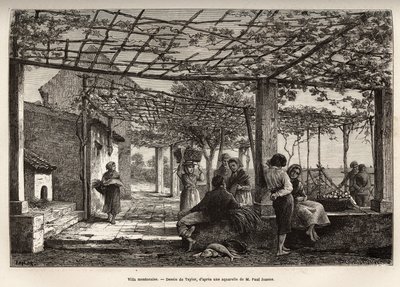 Villa Menton, gravyr efter Taylors teckning, som illustrerar resan av Menton och Bordhighera, 1871, av Adolphe Joanne, publicerad i "Le tour du monde"" 1874, redigerad av Edouard Charton, Hachette-upplagan, Paris. Selva samling. av T Taylor