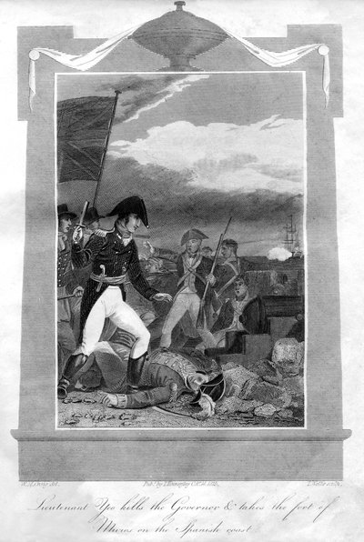 Löjtnant Yeo dödar guvernören och intar fortet Muros på den spanska kusten, 1816 av T. Wallis