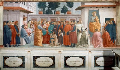Uppfostran av Theophilus Son, konungen av Antiokia och St. Peter tronade som förste biskop av Antiokia, ca 1427 och ca 1480 (fresk) av T. Masaccio, F. Lippi