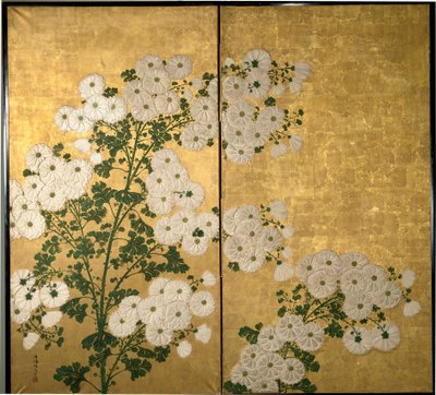 Skärmpaneler dekorerade med blommor. c. 1840 (Målning av bladguld och lack) av Tabukun Hokio