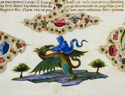 Gränsfris längst ned på sidan med genifigur och bevingat monster, Volym II f 198, v, Bibeln från Borso d