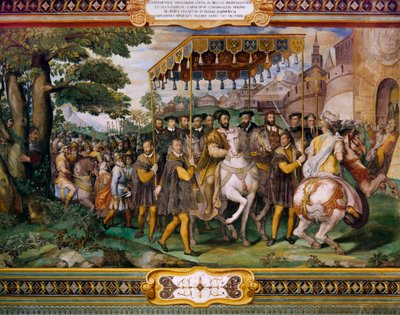 Francis I välkomnar Karl V och kardinal Alessio Farnese i Paris, av Taddeo Zuccari (1529-1566), Palazzo Farnese, Caprarola, Italien av Taddeo Zuccari