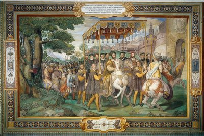 Kung Francis I tar emot Karl V och kardinal Alessandro Farnese i Paris 1540. 1559 av Taddeo Zuccari