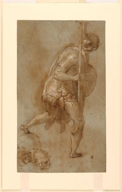 Soldat Running: Studie för figur i vänster förgrund, "Betrayal of Christ," Rom, S. Maria della Consolazione, Matttei Chapel; Separata studier av två huvuden av Taddeo Zuccaro