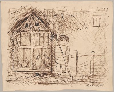 Barn under en bur med kaniner av Tadeusz Makowski