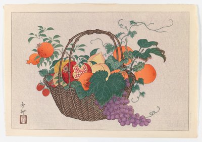 Stilleben med fruktkorg, ca 1930 (tryck) av Taisu Taisu