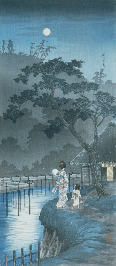 Kvinna, barn och måne (träblock i färg) av Takahashi  Hiroaki