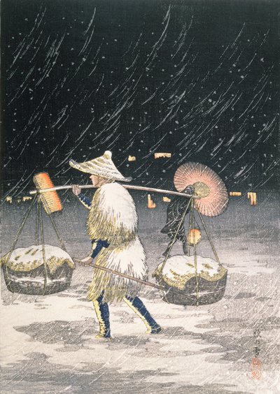 Night Snow, ca 1930-talet (trätryck i färg) av Takahashi Hiroaki