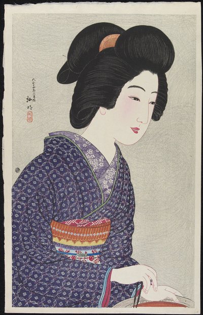 Kvinna som sitter vid en brännare, februari 1925 av Takahashi Hiroaki