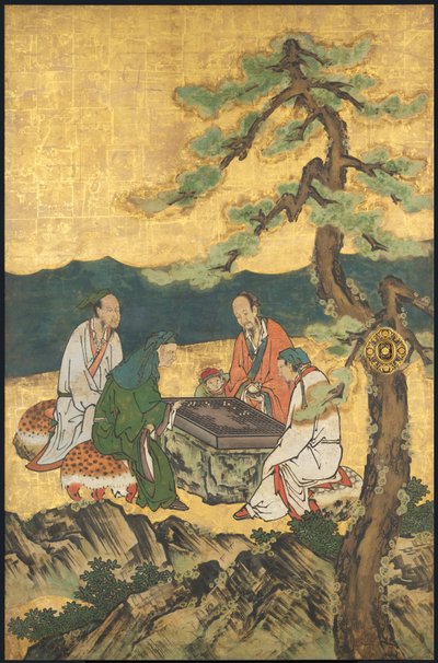 A Game of Go, från de fyra Prestationer, början av 1600-talet (glidskärm; bläck, färg och guld på papper) av Takanobu Kano