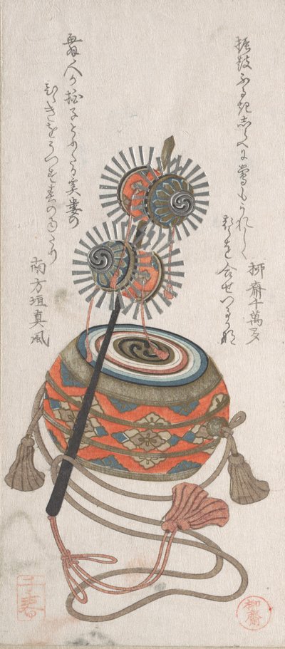 Drum and Keiro, ett slags musikinstrument som används för Bugaku-dansen, 1800-talet. av Takashima Chiharu