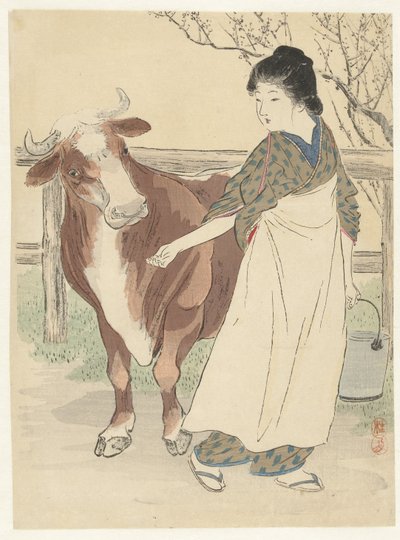 Milkmaid med ko av Takeuchi Keishū