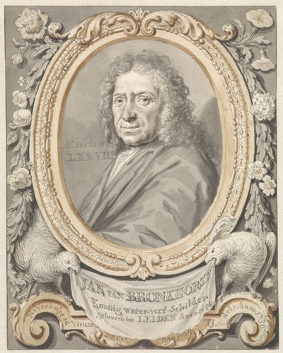 Porträtt av Johannes (Jan) van Bronkhorst i ram med blommor och två fåglar av Tako Hajo Jelgersma