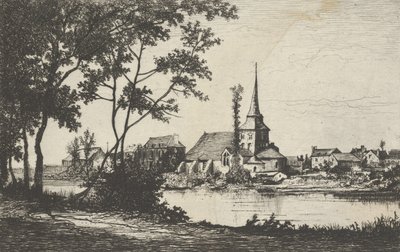 Stad med en kyrka över en flod, 1800-talet. av Tancrède Abraham