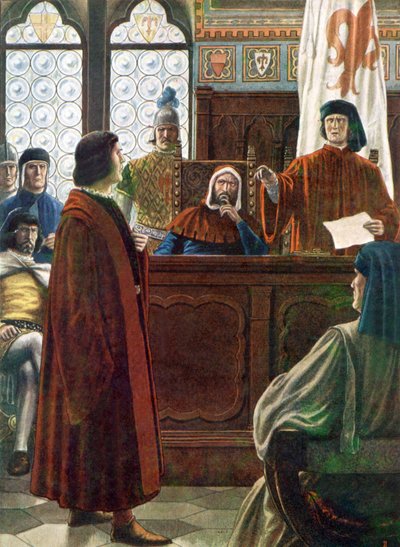COSIMO DE MEDICI, storhertig av Toscana, försvarar sig här mot anklagelser från sina fiender av Tancredi Scarpelli