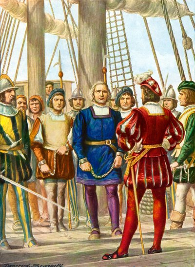 Christopher Columbus och hans bröder Bartolomeo och Diego tas till fånga på ett skepp som ska ta dem till Spanien av Tancredi Scarpelli